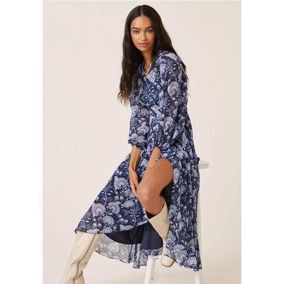 New Anthropologie Hutch Geo Blue Floral Wrap Maxi Dress Size Small